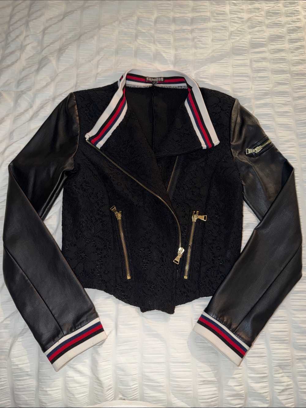 Express Black Lace Bomber Jacket with Faux Leather Sleeves and Stripe Trim